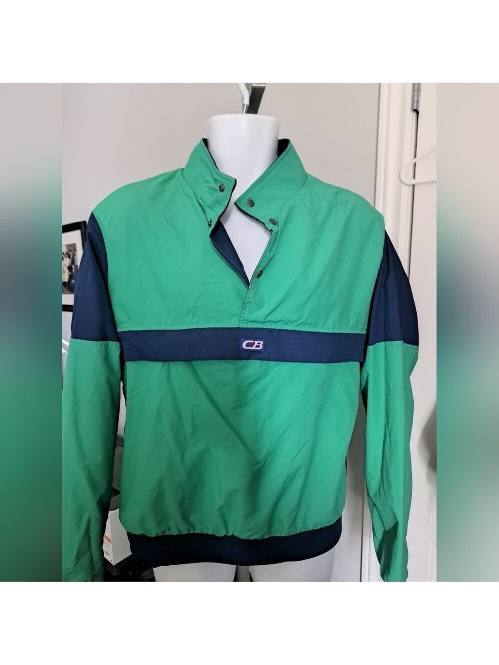 VTG CB Sports Evershield Pullover Jacket 3/4 snap front green navy Zip pouch M